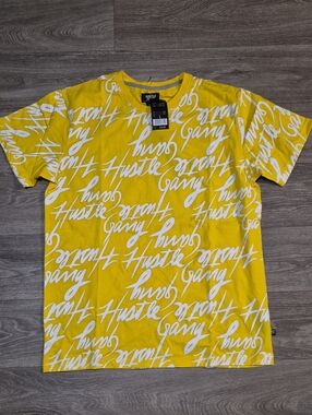 Hustle Gang Yellow Tee with White Script All-Over Print